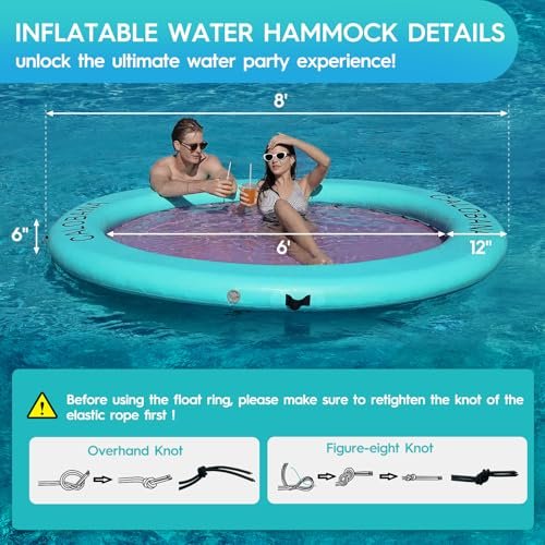CALOBANA 8' x 8' Inflatable Water Hammock for Adults Float Ring Pad with Line Floating Circle Mat with Mesh Air Floating Isla